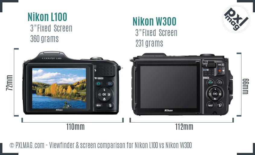 Nikon L100 vs Nikon W300 Screen and Viewfinder comparison