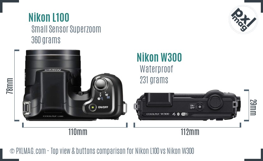 Nikon L100 vs Nikon W300 top view buttons comparison