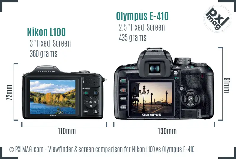 Nikon L100 vs Olympus E-410 Screen and Viewfinder comparison