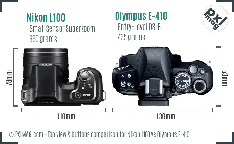 Nikon L100 vs Olympus E-410 top view buttons comparison