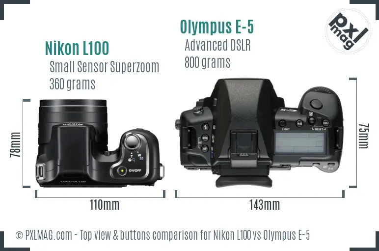 Nikon L100 vs Olympus E-5 top view buttons comparison