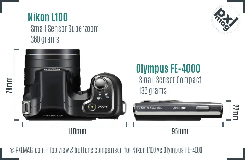 Nikon L100 vs Olympus FE-4000 top view buttons comparison