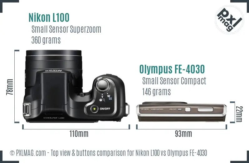 Nikon L100 vs Olympus FE-4030 top view buttons comparison