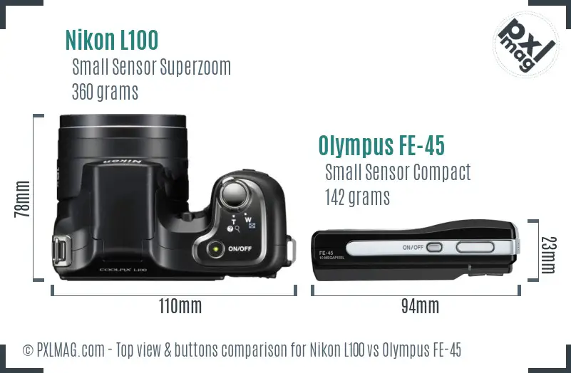 Nikon L100 vs Olympus FE-45 top view buttons comparison