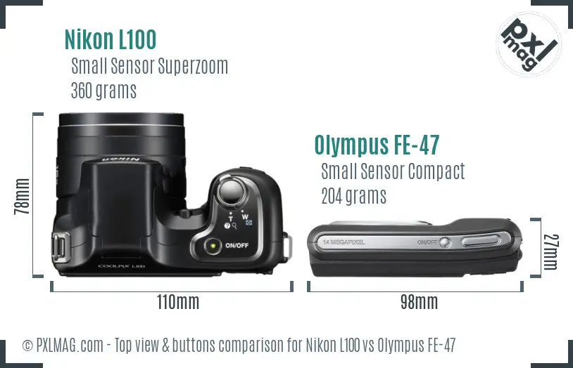 Nikon L100 vs Olympus FE-47 top view buttons comparison