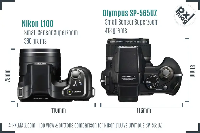 Nikon L100 vs Olympus SP-565UZ top view buttons comparison Nikon L100 vs Olympus SP-565UZ top view buttons comparison