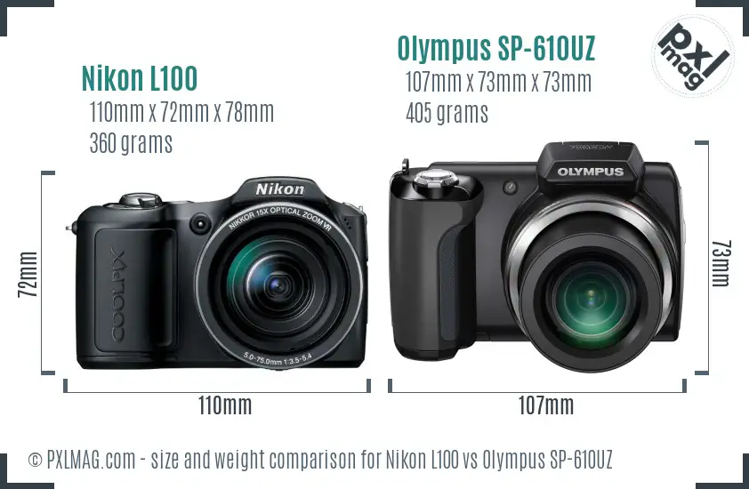 Nikon L100 vs Olympus SP-610UZ size comparison Nikon L100 vs Olympus SP-610UZ size comparison