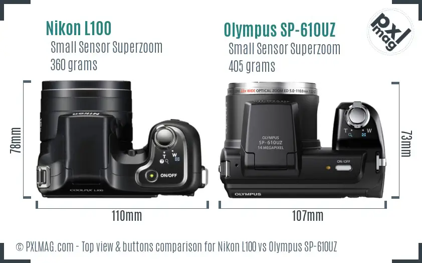 Nikon L100 vs Olympus SP-610UZ top view buttons comparison Nikon L100 vs Olympus SP-610UZ top view buttons comparison