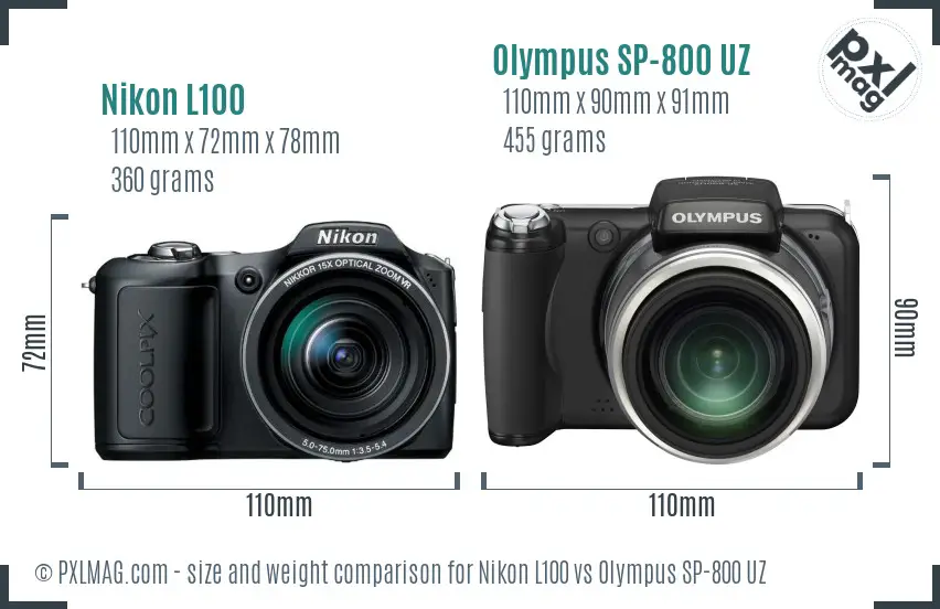 Nikon L100 vs Olympus SP-800 UZ size comparison