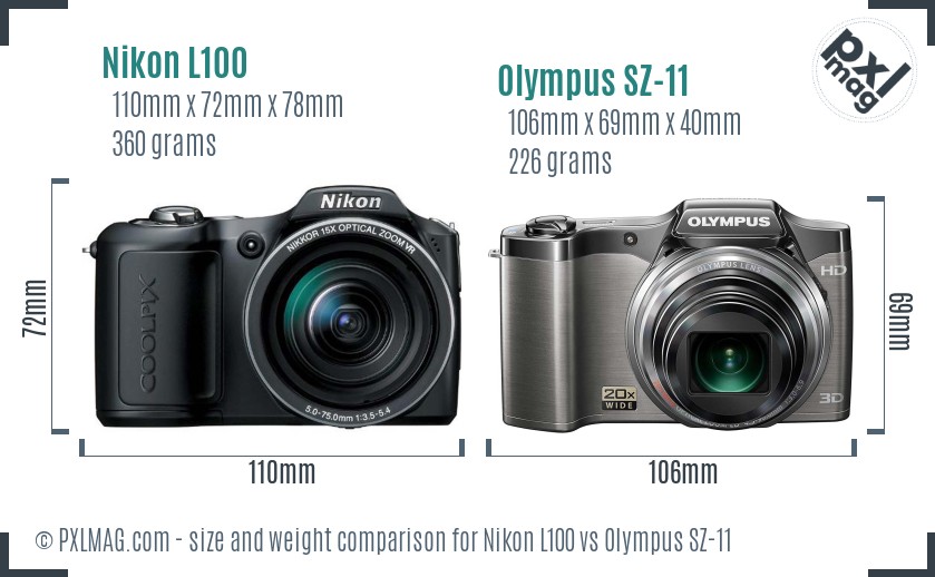Nikon L100 vs Olympus SZ-11 size comparison