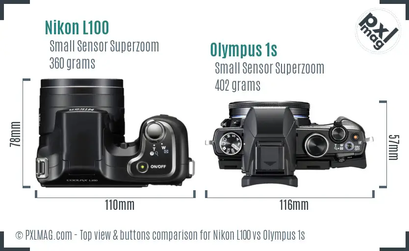 Nikon L100 vs Olympus 1s top view buttons comparison Nikon L100 vs Olympus 1s top view buttons comparison