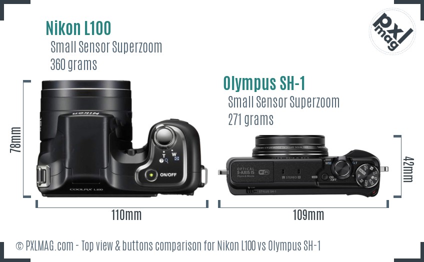 Nikon L100 vs Olympus SH-1 top view buttons comparison