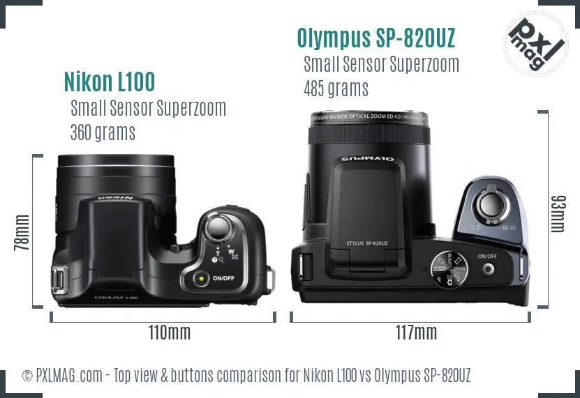 Nikon L100 vs Olympus SP-820UZ top view buttons comparison Nikon L100 vs Olympus SP-820UZ top view buttons comparison
