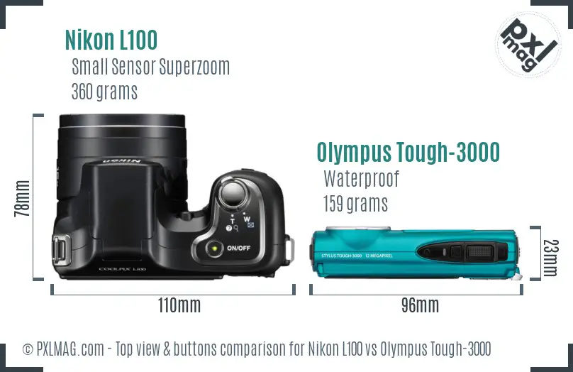 Nikon L100 vs Olympus Tough-3000 top view buttons comparison