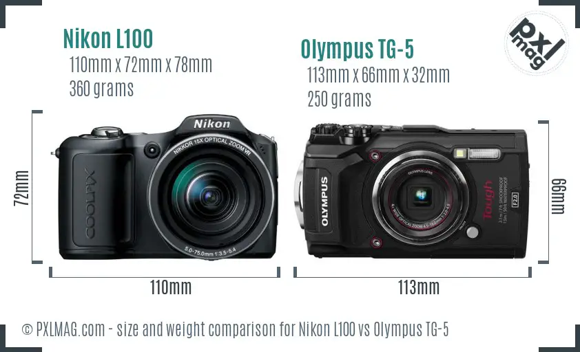 Nikon L100 vs Olympus TG-5 size comparison