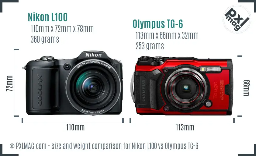 Nikon L100 vs Olympus TG-6 size comparison