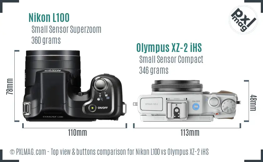 Nikon L100 vs Olympus XZ-2 iHS top view buttons comparison Nikon L100 vs Olympus XZ-2 iHS top view buttons comparison