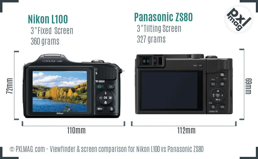 Nikon L100 vs Panasonic ZS80 Screen and Viewfinder comparison