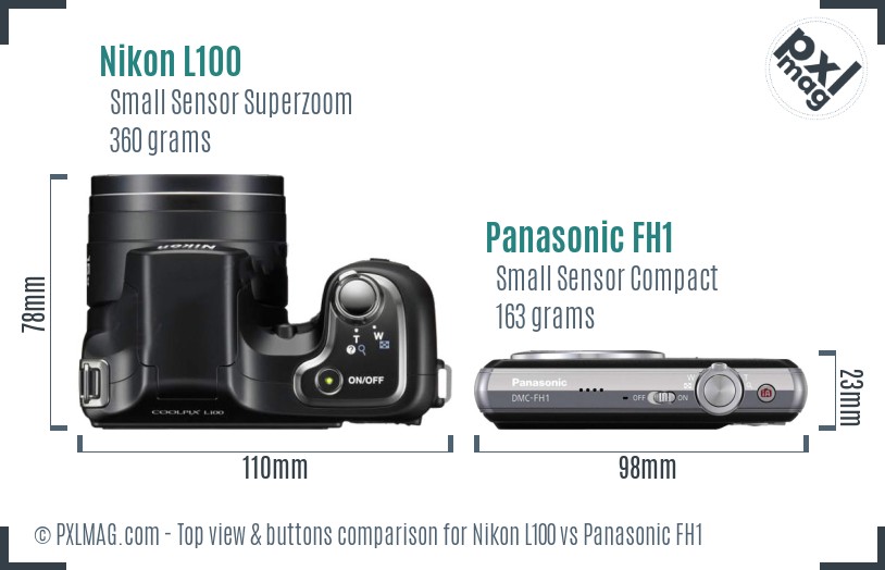Nikon L100 vs Panasonic FH1 top view buttons comparison