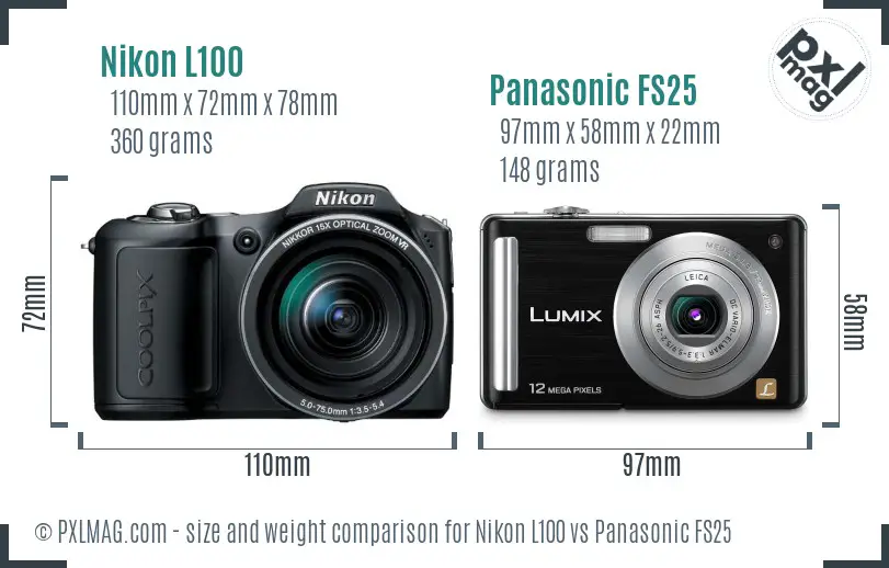 Nikon L100 vs Panasonic FS25 size comparison
