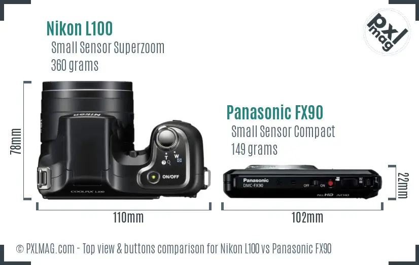 Nikon L100 vs Panasonic FX90 top view buttons comparison