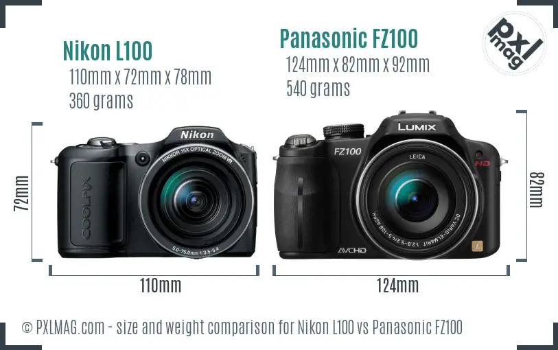Nikon L100 vs Panasonic FZ100 size comparison Nikon L100 vs Panasonic FZ100 size comparison