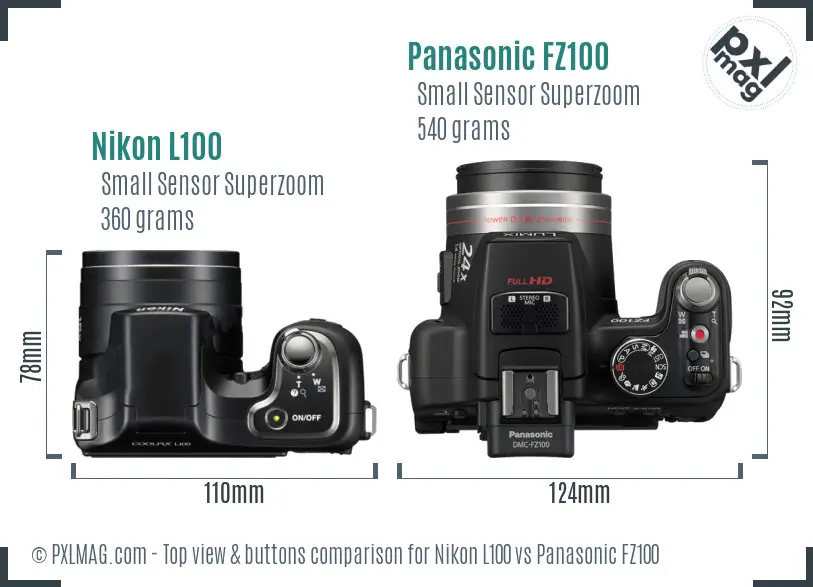 Nikon L100 vs Panasonic FZ100 top view buttons comparison Nikon L100 vs Panasonic FZ100 top view buttons comparison