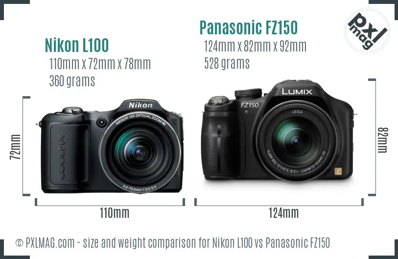 Nikon L100 vs Panasonic FZ150 size comparison