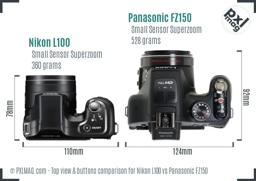 Nikon L100 vs Panasonic FZ150 top view buttons comparison