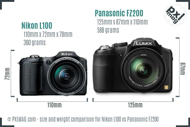 Nikon L100 vs Panasonic FZ200 size comparison