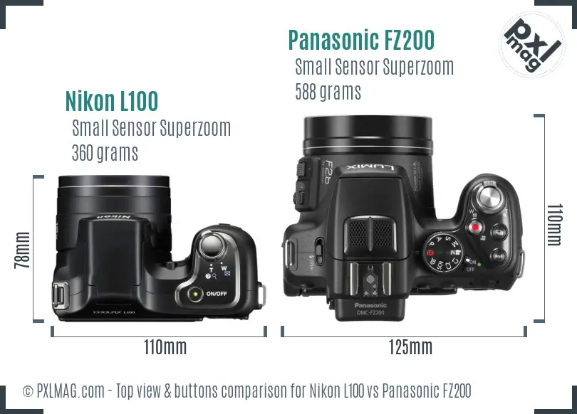 Nikon L100 vs Panasonic FZ200 top view buttons comparison
