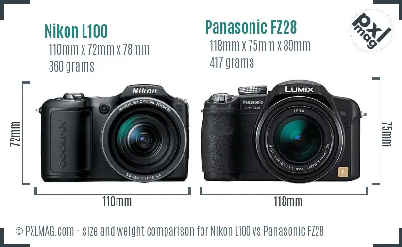 Nikon L100 vs Panasonic FZ28 size comparison