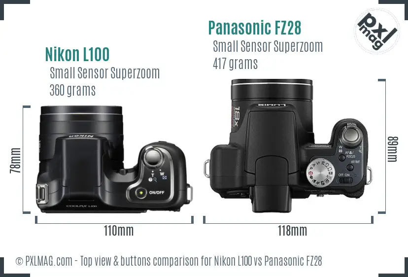 Nikon L100 vs Panasonic FZ28 top view buttons comparison