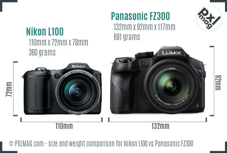 Nikon L100 vs Panasonic FZ300 size comparison