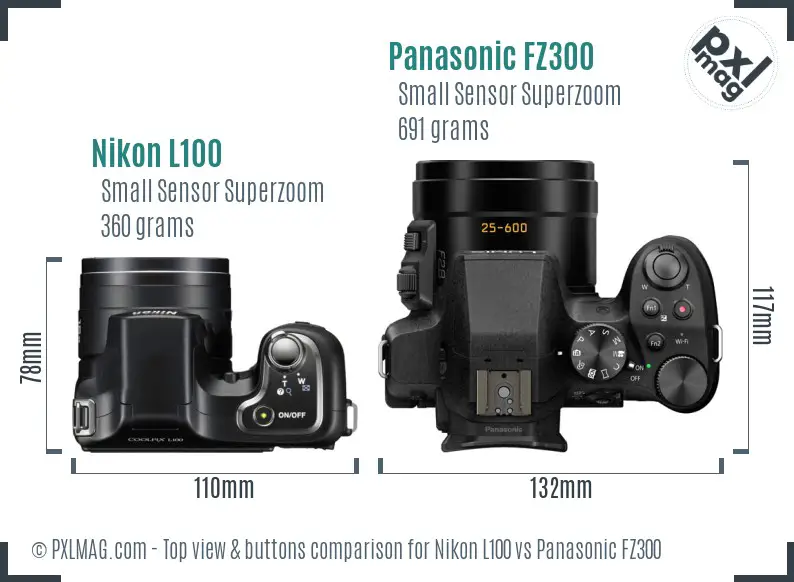 Nikon L100 vs Panasonic FZ300 top view buttons comparison