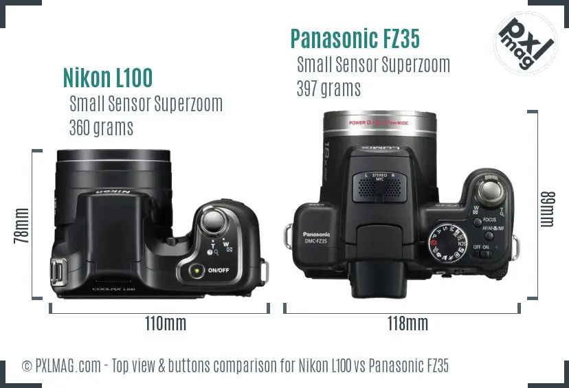Nikon L100 vs Panasonic FZ35 top view buttons comparison