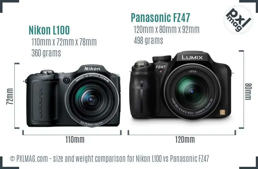 Nikon L100 vs Panasonic FZ47 size comparison