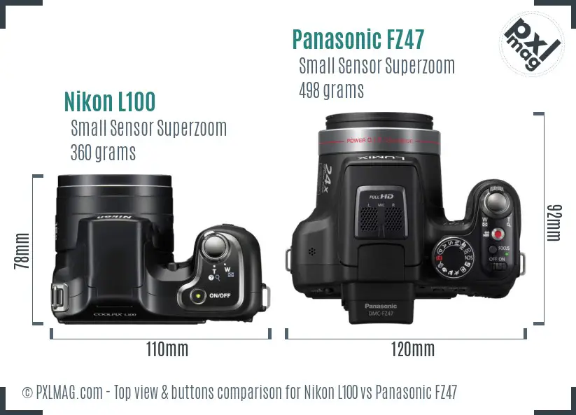 Nikon L100 vs Panasonic FZ47 top view buttons comparison