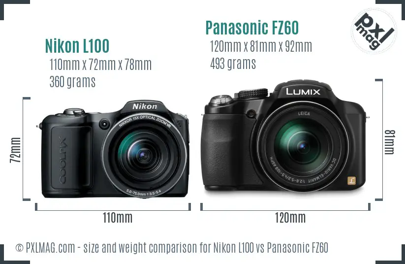 Nikon L100 vs Panasonic FZ60 size comparison