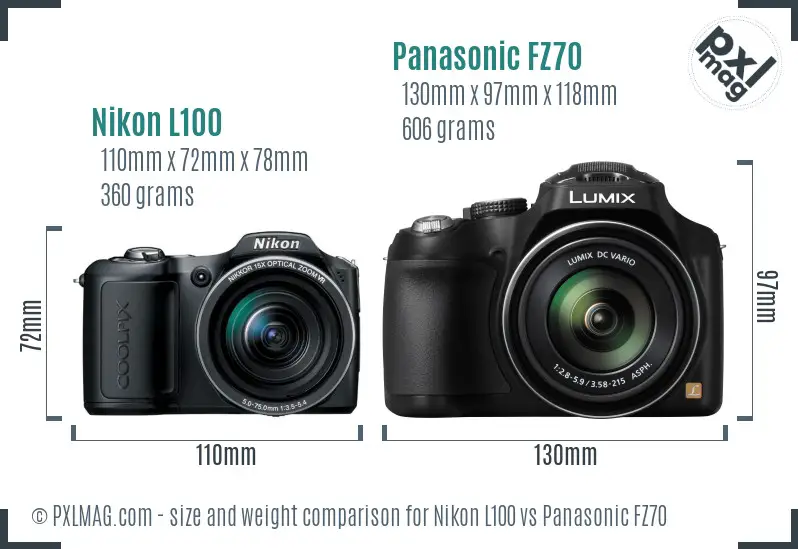 Nikon L100 vs Panasonic FZ70 size comparison
