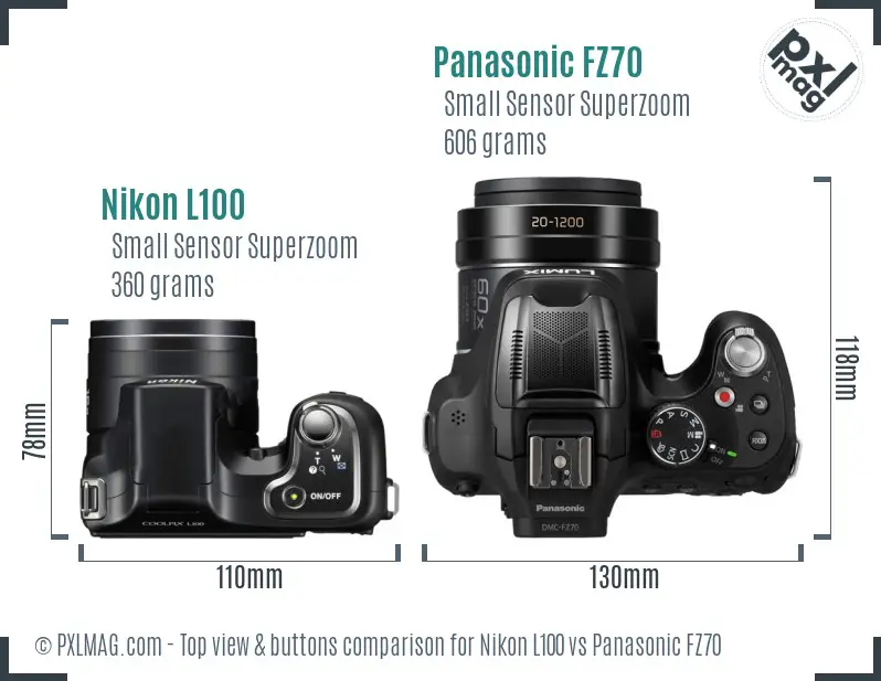 Nikon L100 vs Panasonic FZ70 top view buttons comparison