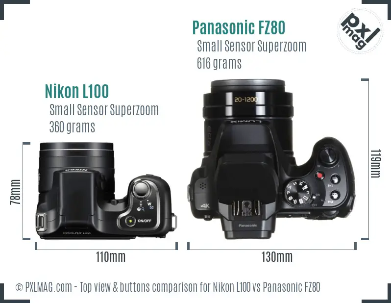 Nikon L100 vs Panasonic FZ80 top view buttons comparison Nikon L100 vs Panasonic FZ80 top view buttons comparison