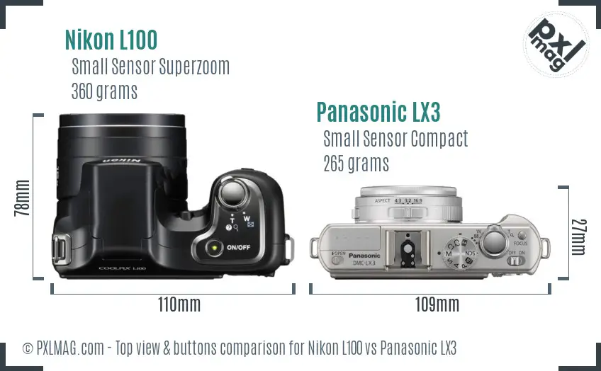 Nikon L100 vs Panasonic LX3 top view buttons comparison