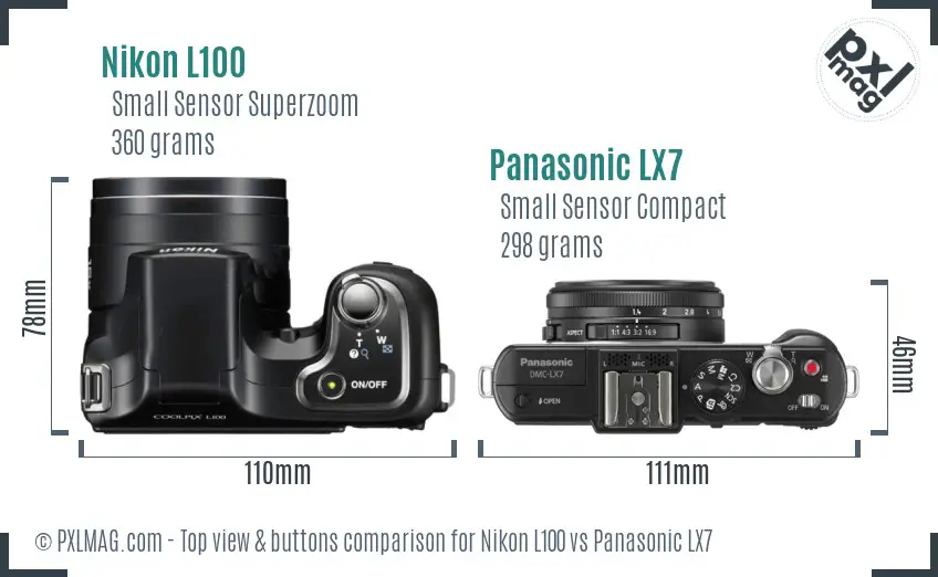 Nikon L100 vs Panasonic LX7 top view buttons comparison Nikon L100 vs Panasonic LX7 top view buttons comparison