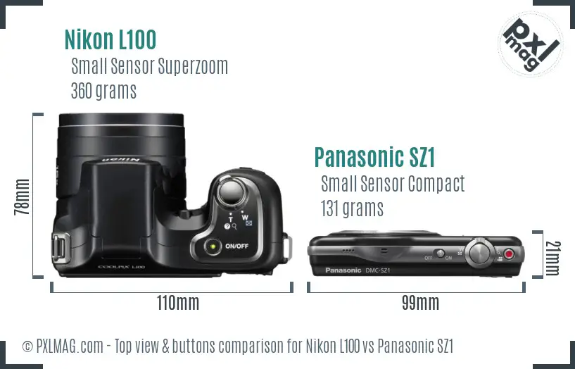 Nikon L100 vs Panasonic SZ1 top view buttons comparison Nikon L100 vs Panasonic SZ1 top view buttons comparison