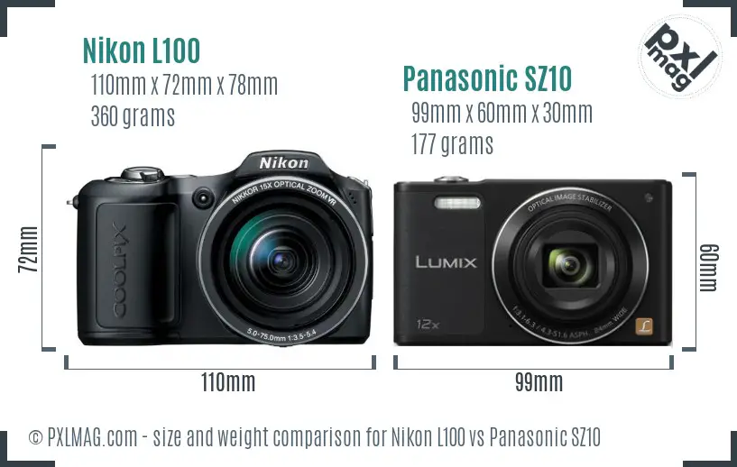 Nikon L100 vs Panasonic SZ10 size comparison