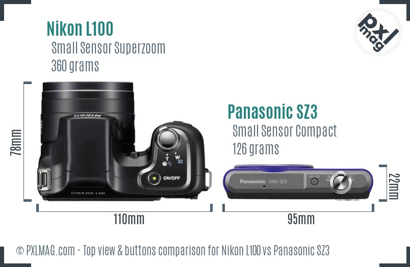 Nikon L100 vs Panasonic SZ3 top view buttons comparison