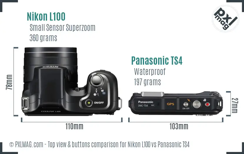 Nikon L100 vs Panasonic TS4 top view buttons comparison Nikon L100 vs Panasonic TS4 top view buttons comparison