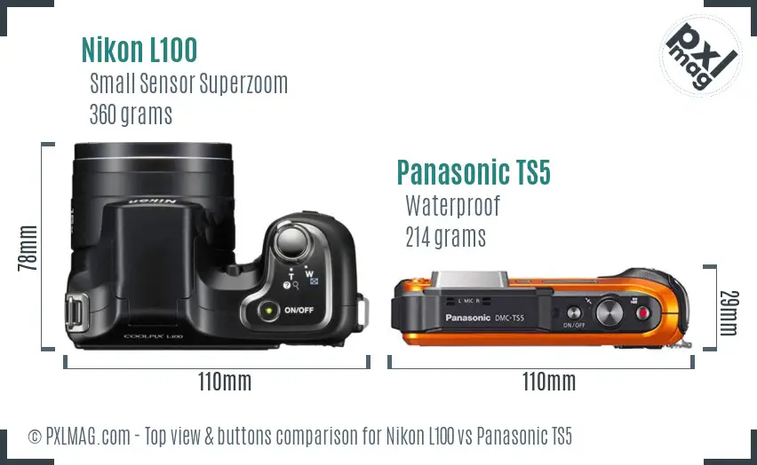 Nikon L100 vs Panasonic TS5 top view buttons comparison Nikon L100 vs Panasonic TS5 top view buttons comparison