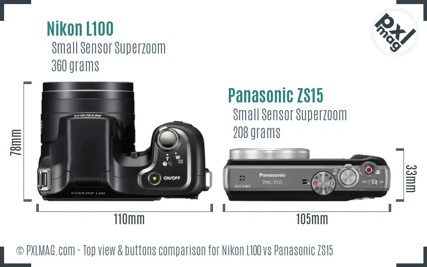 Nikon L100 vs Panasonic ZS15 top view buttons comparison Nikon L100 vs Panasonic ZS15 top view buttons comparison